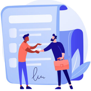 Signing contract vector concept metaphor Signing contract. Official document, agreement, deal commitment. Businessmen cartoon characters shaking hands. Legal contract with signature. Vector isolated concept metaphor illustration